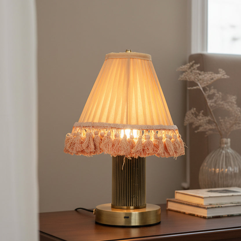 Cordless Dimmable Touch Table Lamp with Pleated Camel Fabric Shade | Antique Brass Finish