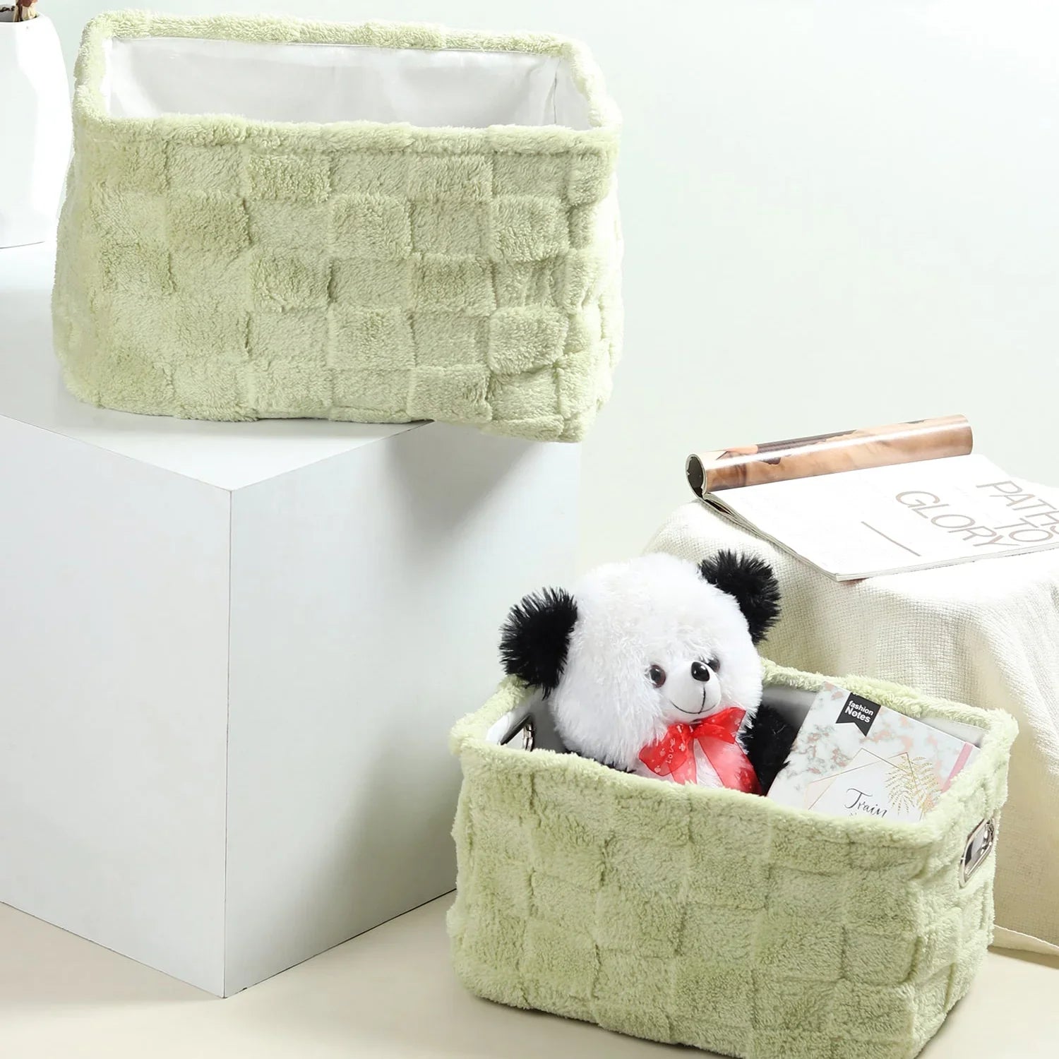 Soft Grid Plush Storage Basket Set of 2