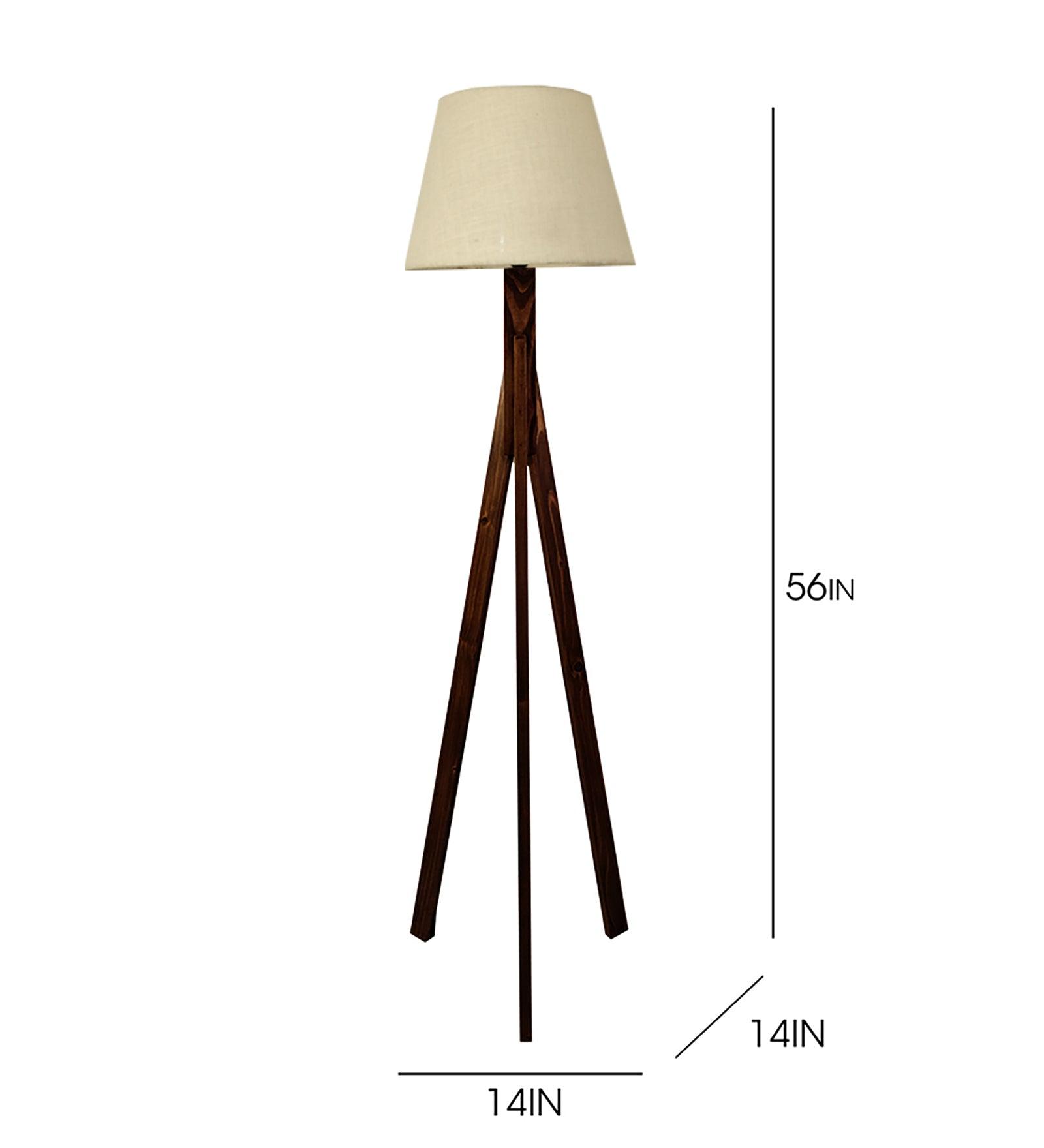 Triune Wooden Floor Lamp with Brown Base and Beige Fabric Lampshade
