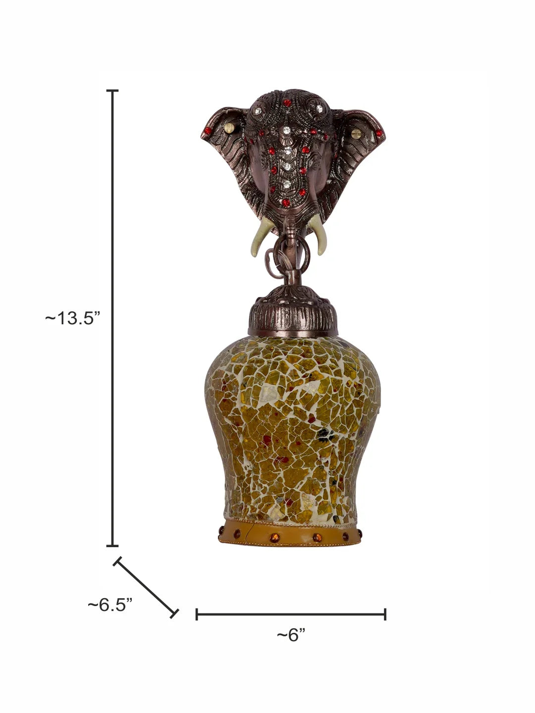 Rustic Cast Aluminium Bronze Elephant Wall Sconce with Amber Yellow Crackle Glass shade