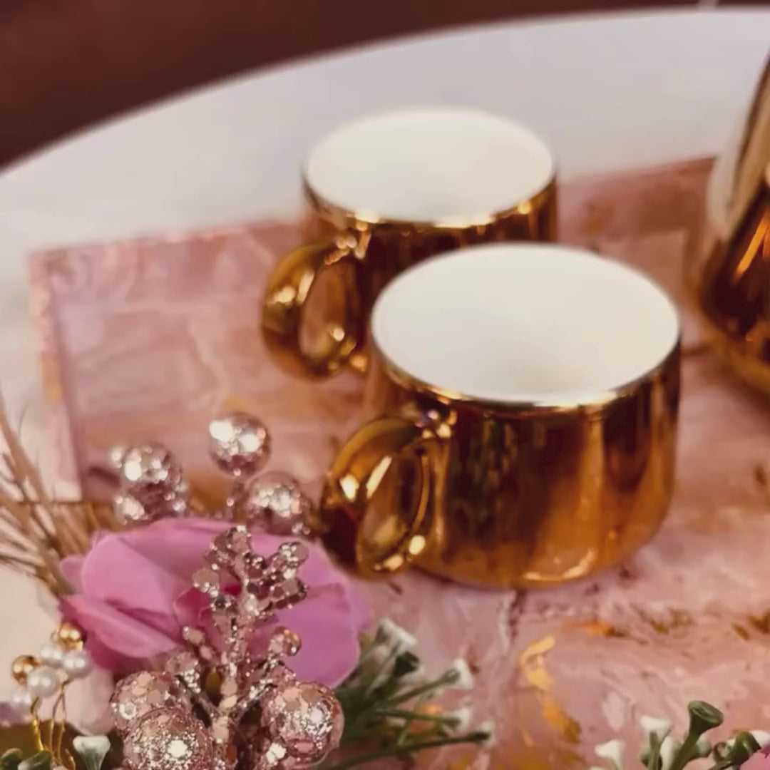 Load video: Golden Glazed Ceramic Kettle Set with 6 Cups | Ceramic Tea Set