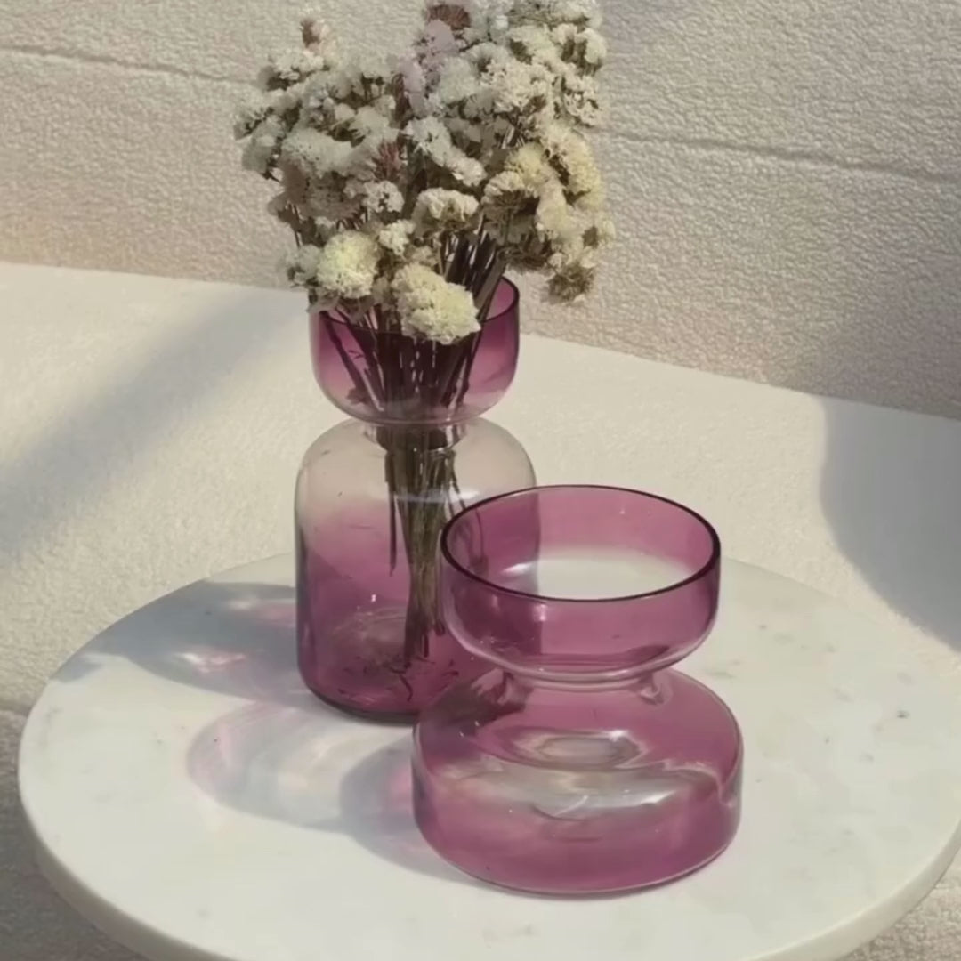 Load video: Decorative Lilac Glass Vase | Flower Pot For Home Decor &amp; Living Room Set of 2 | Flower Vase