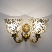 Traditional Twin Arm Antique Brass Wall Light with Frosted Glass Shades with Jaipuri designing on glass