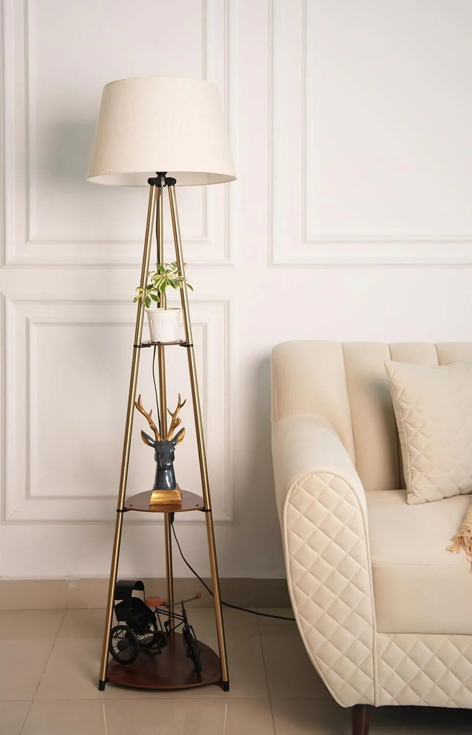 3 Shelves Floor Lamp with Shelf | Brass Antique Finish Standing Lamp for Living Room & Bedroom