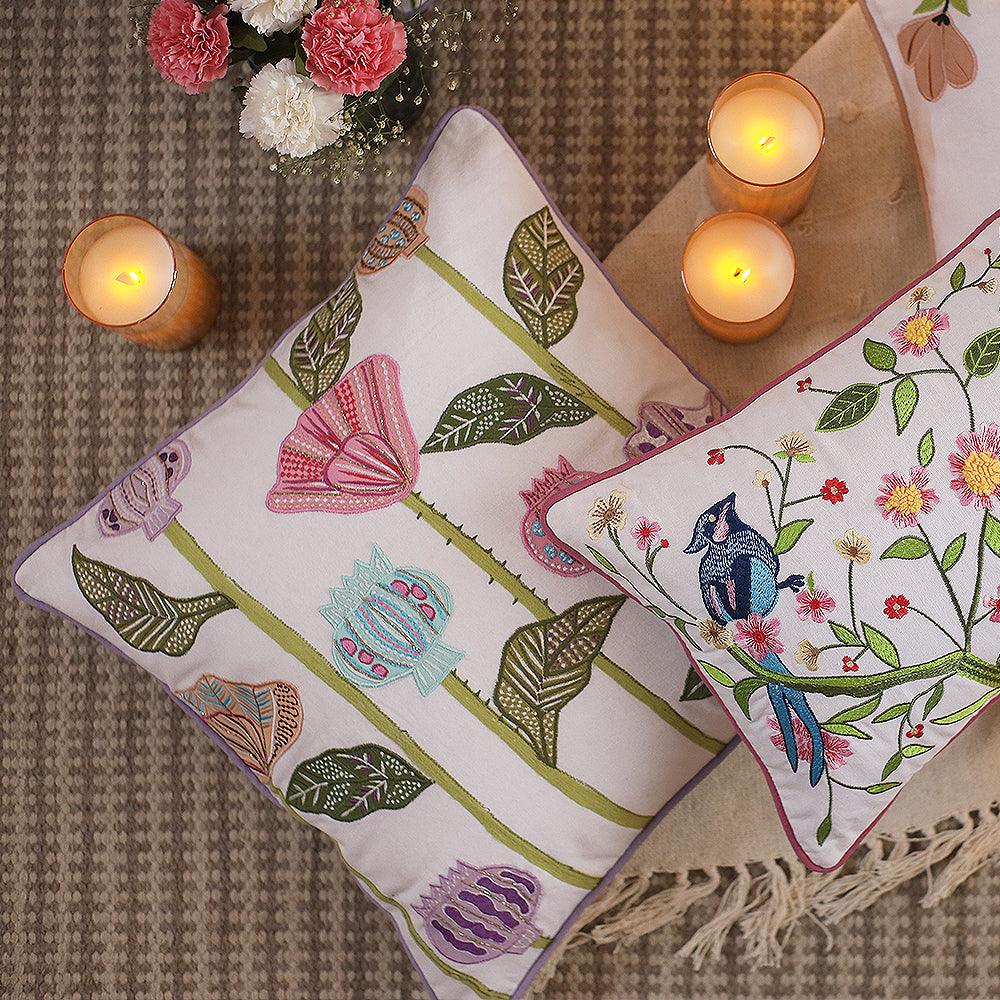 Garden Delight Sofa Cushion Cover | Hand Embroidered Cotton Cushion Cover - 1 Pc