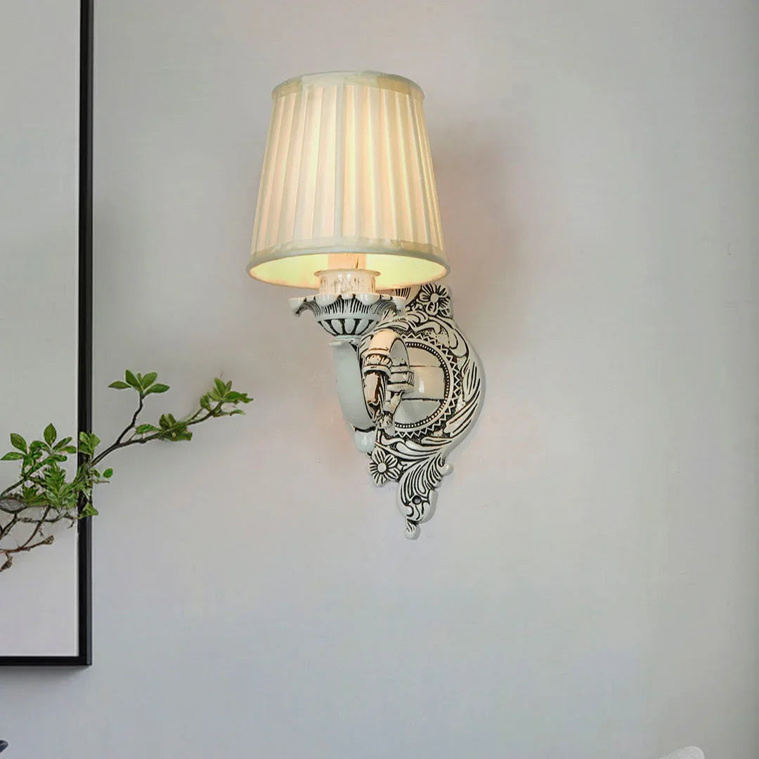Traditional Single Swan Wall Sconce in Antique White with Pleated Fabric Shade