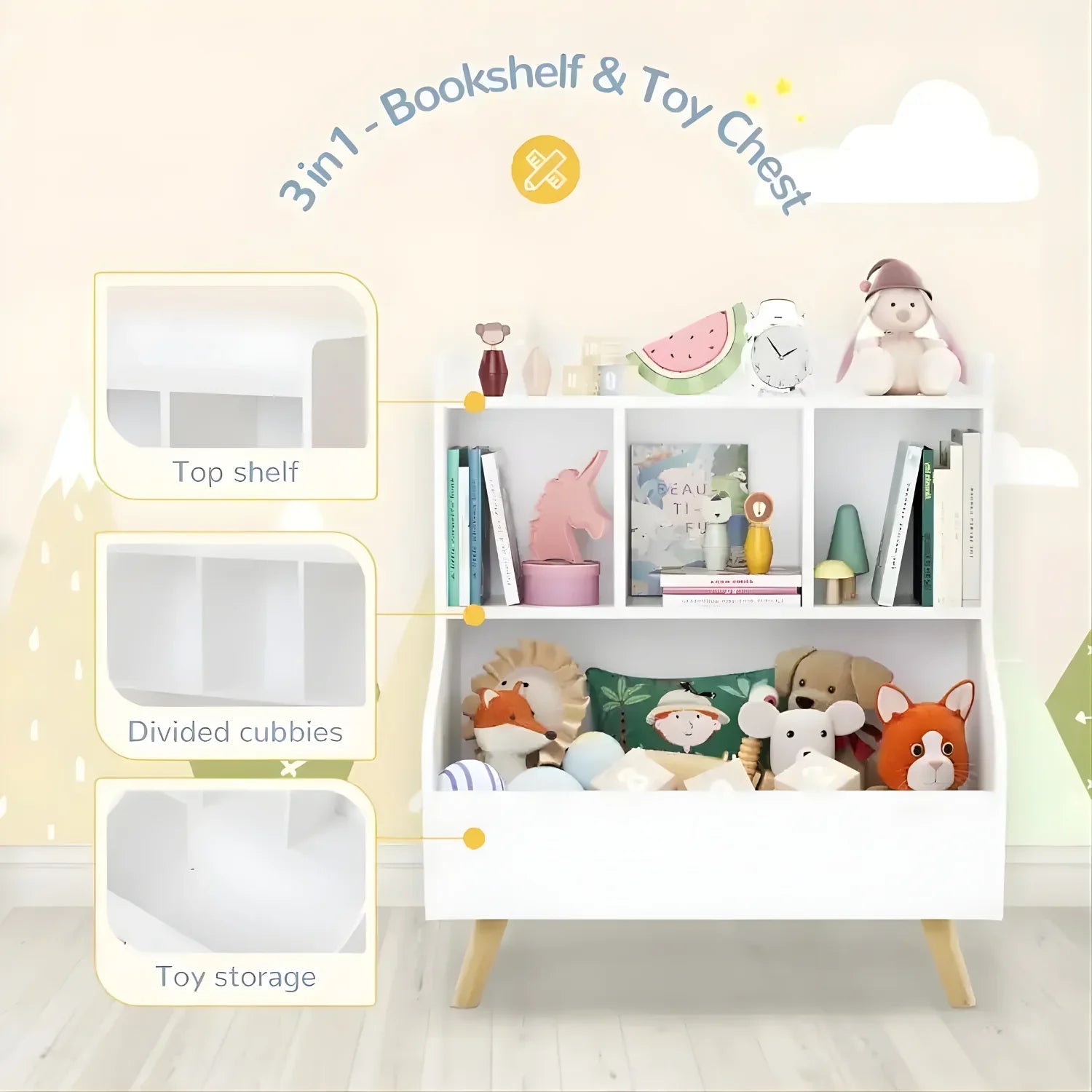 3-Tier Bookshelf Open Bookcase, for Baby Books Organizer