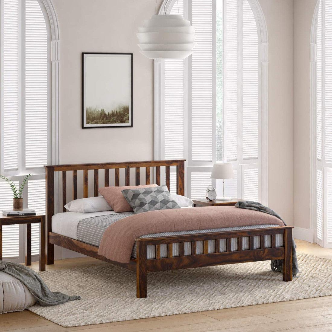 Sheesham Wood Queen Size Strip Design Bed | Honey & Walnut Finish Modern Non-Storage Bed