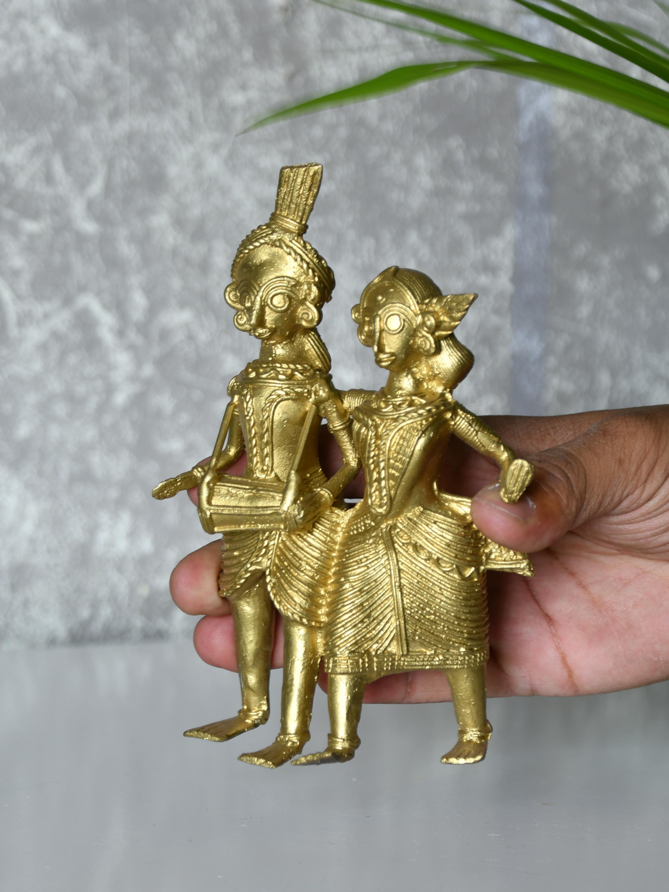 Artisanal Brass Dhokra Sculpture: Tribal Couple With Dhol