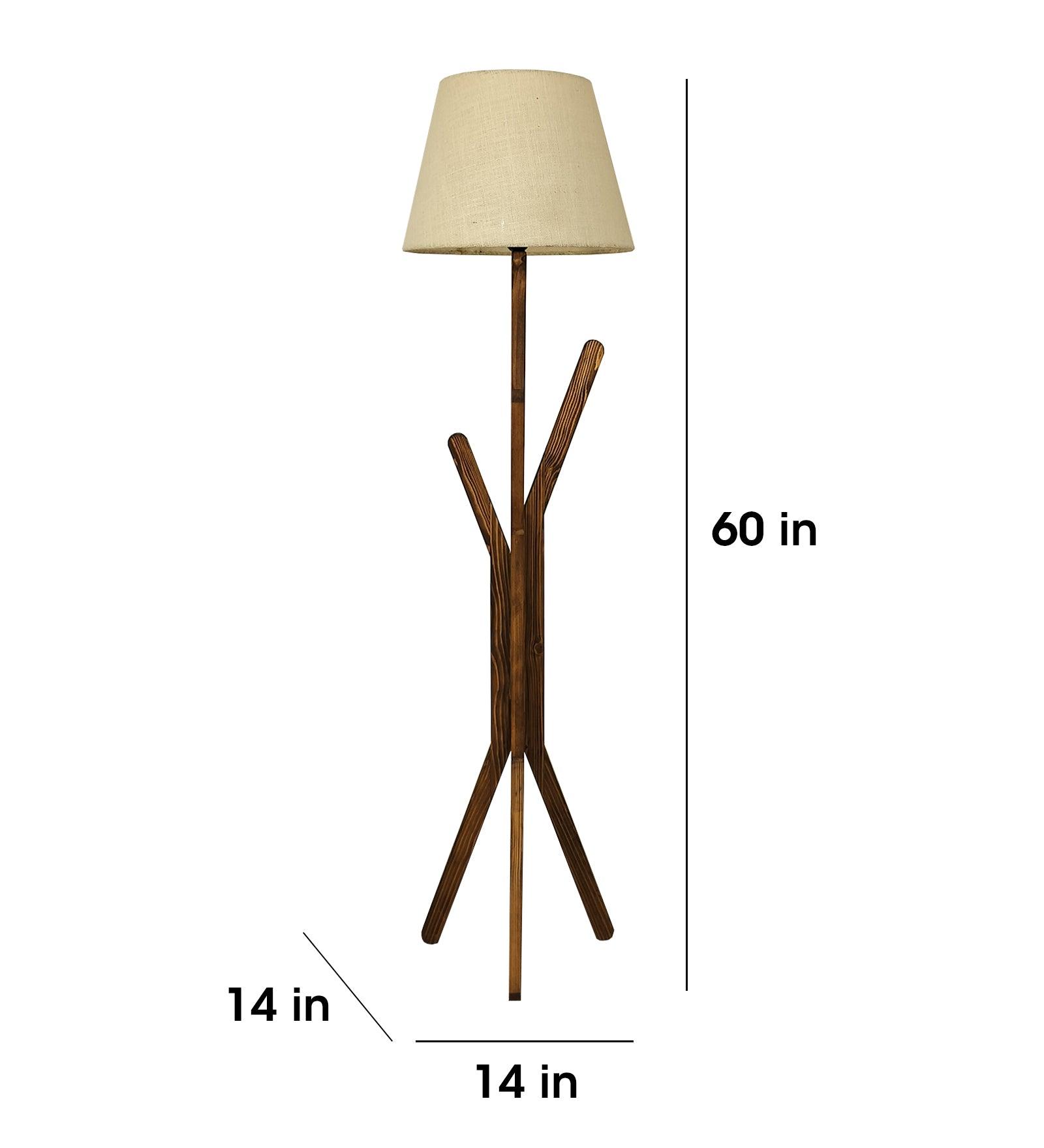 Vrikshya Wooden Floor Lamp with Brown Base and Premium Beige Fabric Lampshade