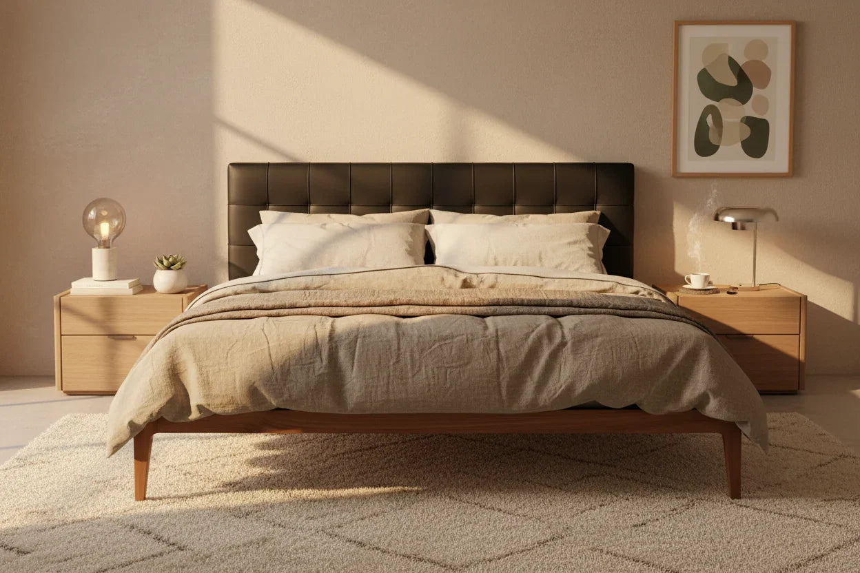 Ruvella Solid Teak Wood And Fabric/Faux Leather Upholstery King Size Bed