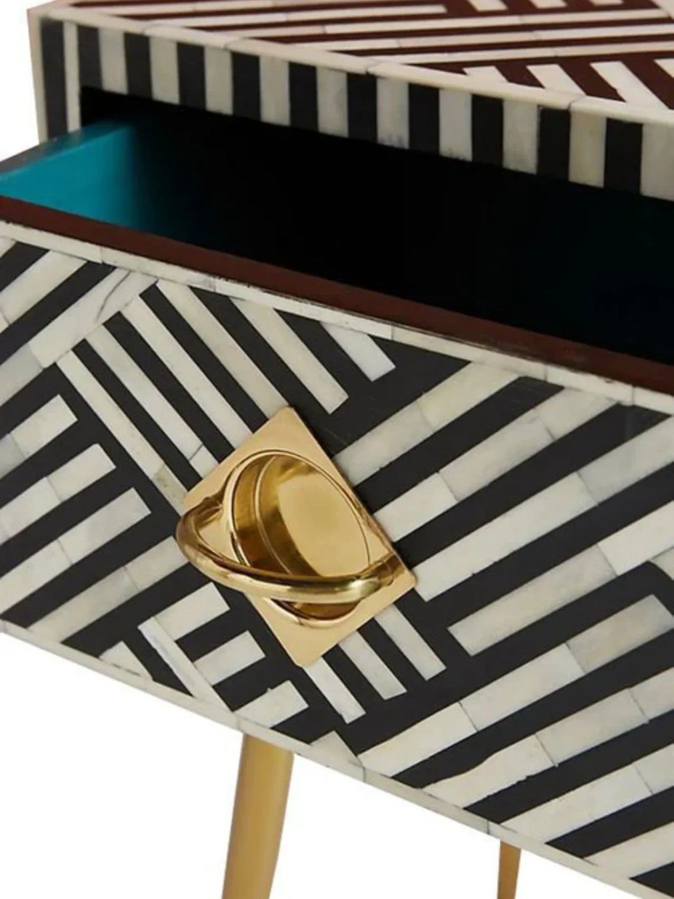 Inlay Bedside Table with Gold Legs - Chevron