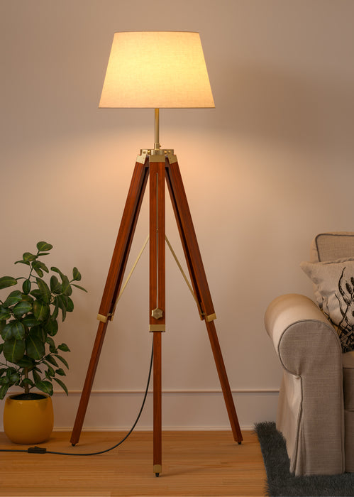 Wooden Tripod Floor Lamp 3 Legs Standing Brown Polished Brass Antique Finish Adjustable 5ft Height with 16 inches Off White Lampshade