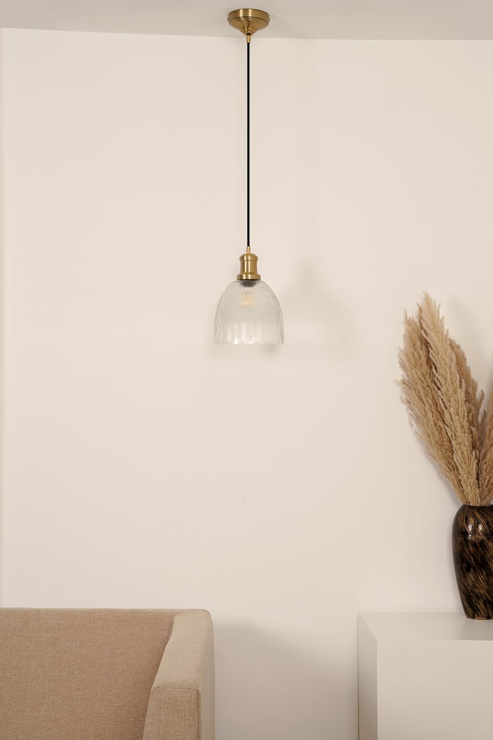 Grooved Transparent Glass Hanging Pendant Light with Antique Brass Finish for Living Room, Bedroom, Kitchen, Dining