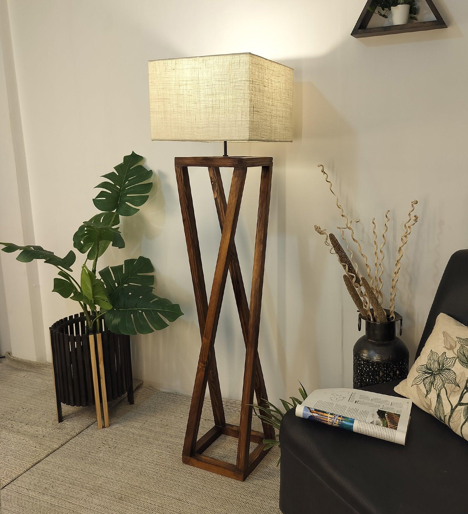 Remy Wooden Floor Lamp with Brown Base and Beige Fabric Lampshade