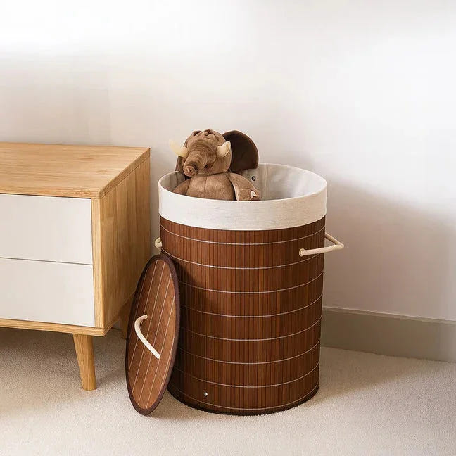 Bamboo laundry bag basket for clothes with lid toy storage organiser box foldable Round Home Organizer and Storage | Eco Friendly | Compact and Easy to carry