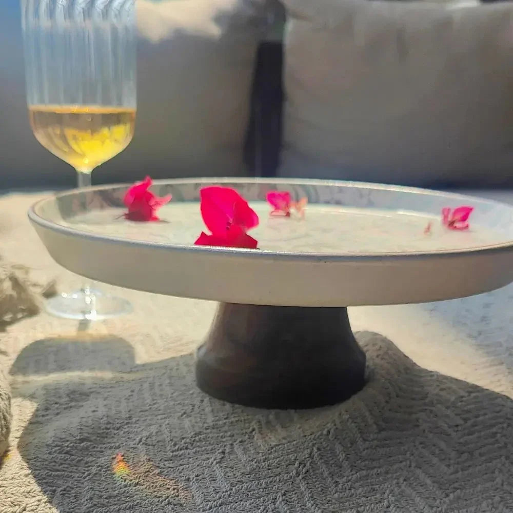 Handmade Stoneware Cake Stand with Wooden Base | Vintage-Inspired Dessert Stand - 1Pc