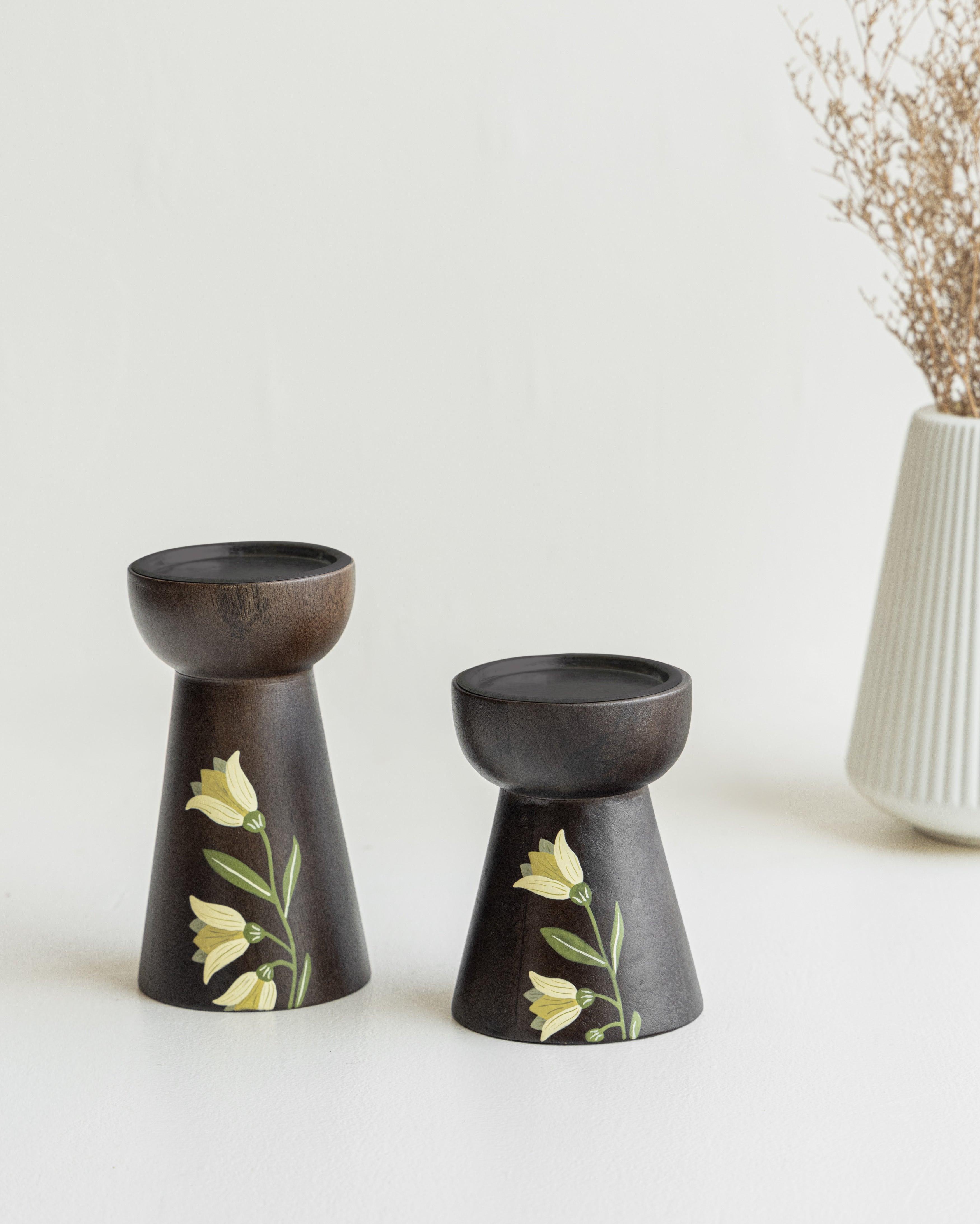 MIRRA Handpainted Wooden Candle Stand (Set of 2) without Candles | Mango Wood