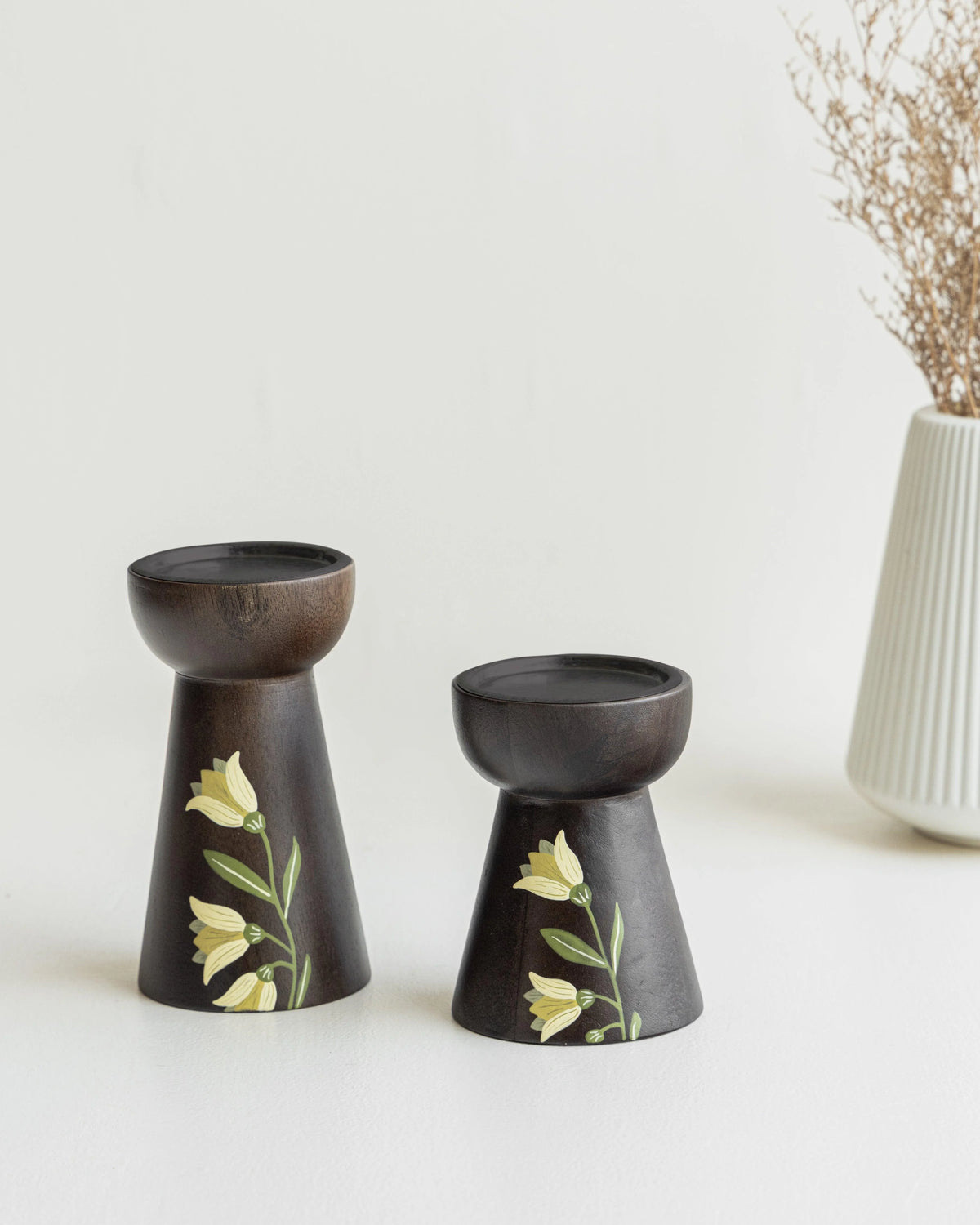 MIRRA Handpainted Wooden Candle Stand (Set of 2) without Candles | Mango Wood