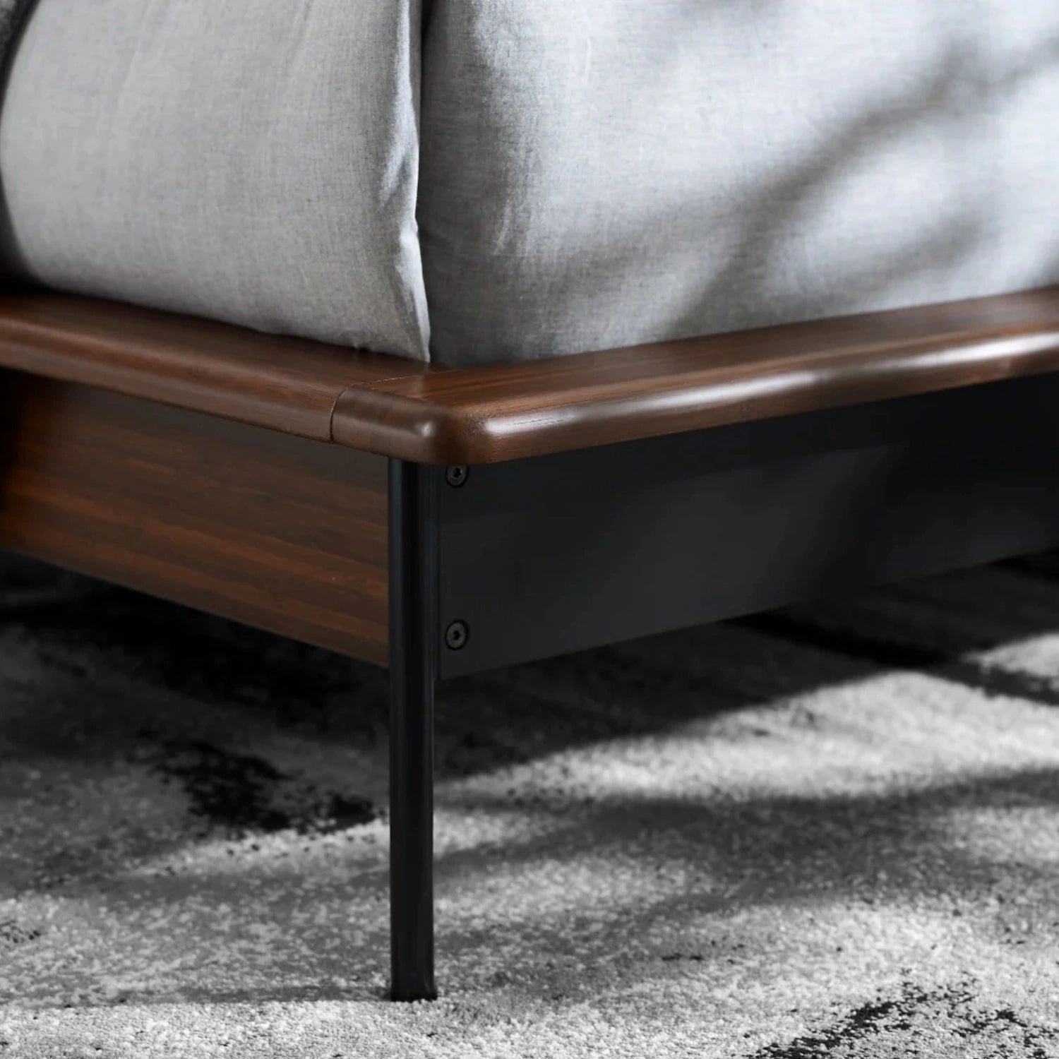 Bonny Solid Teak Wood, Fabric Upholstery And Black Metal Finish King Size Bed