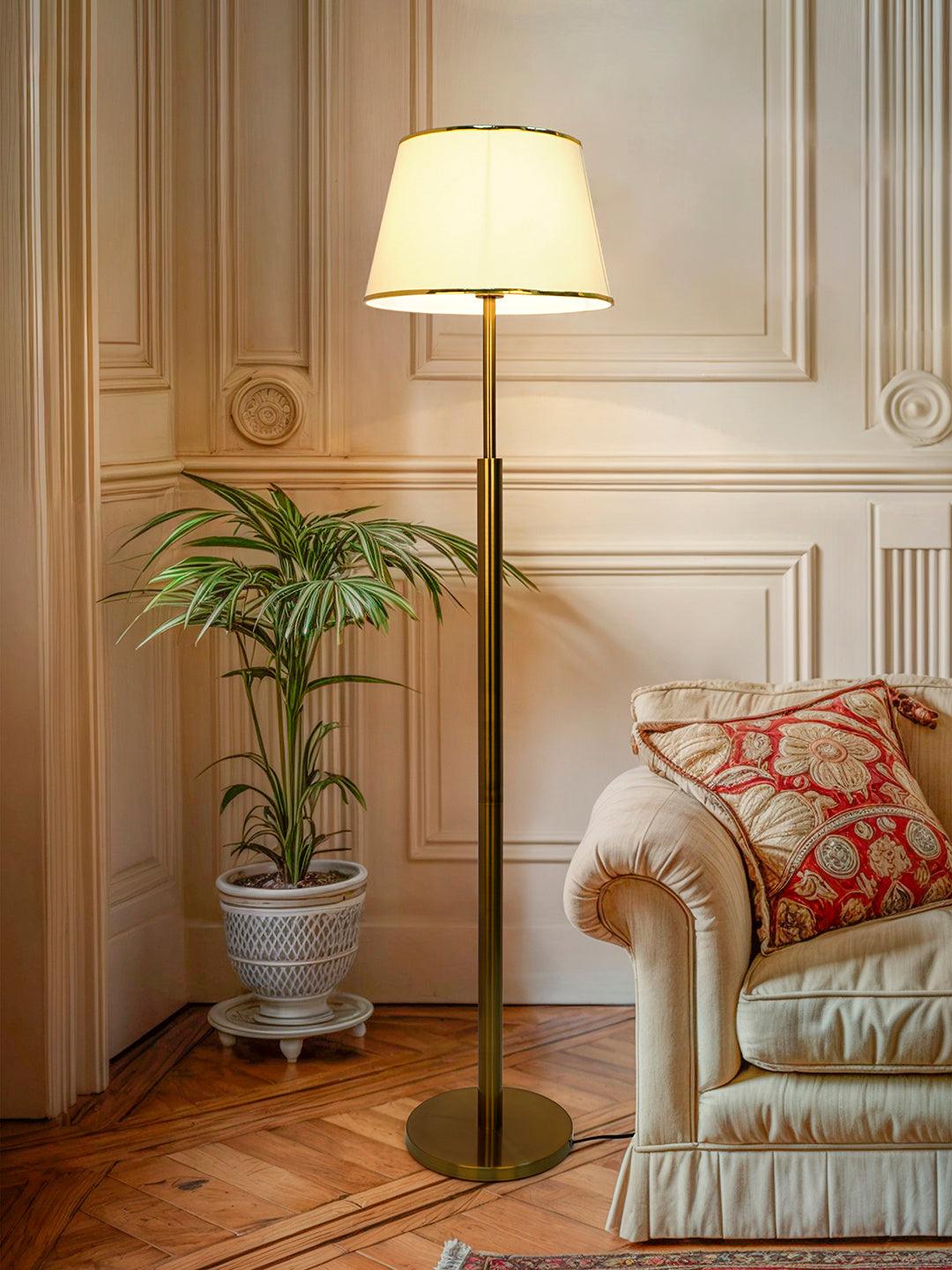 Antique Brass Floor Lamp with Fabric Shade | Elegant Living Room Standing Lamp