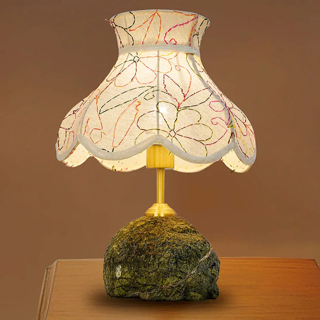 Green Bidasar Marble Table Lamp with Embroidered Scalloped Shade