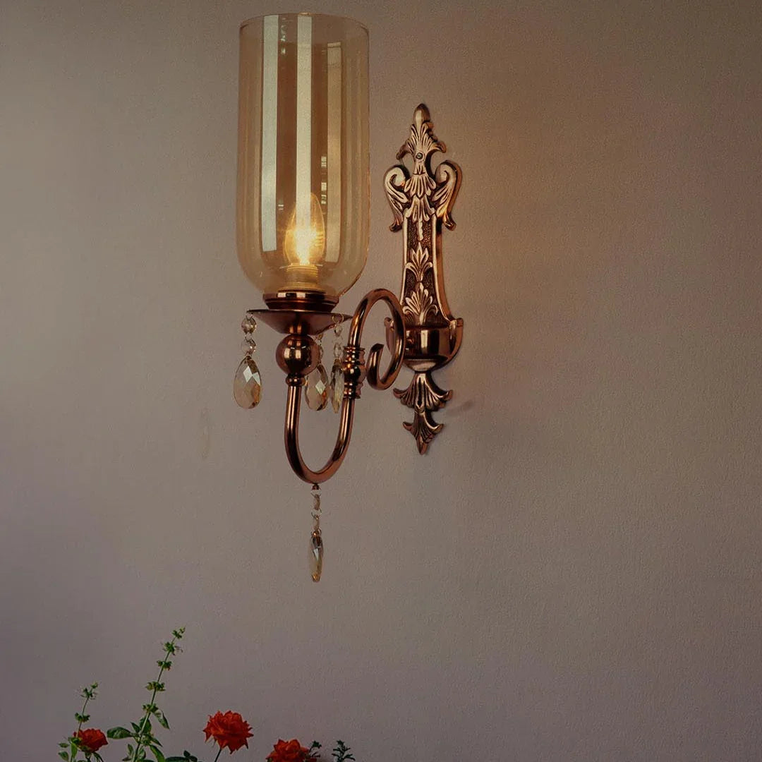 European Copper-Finish Single Light Steel Wall Sconce With Translucent Glass Shade