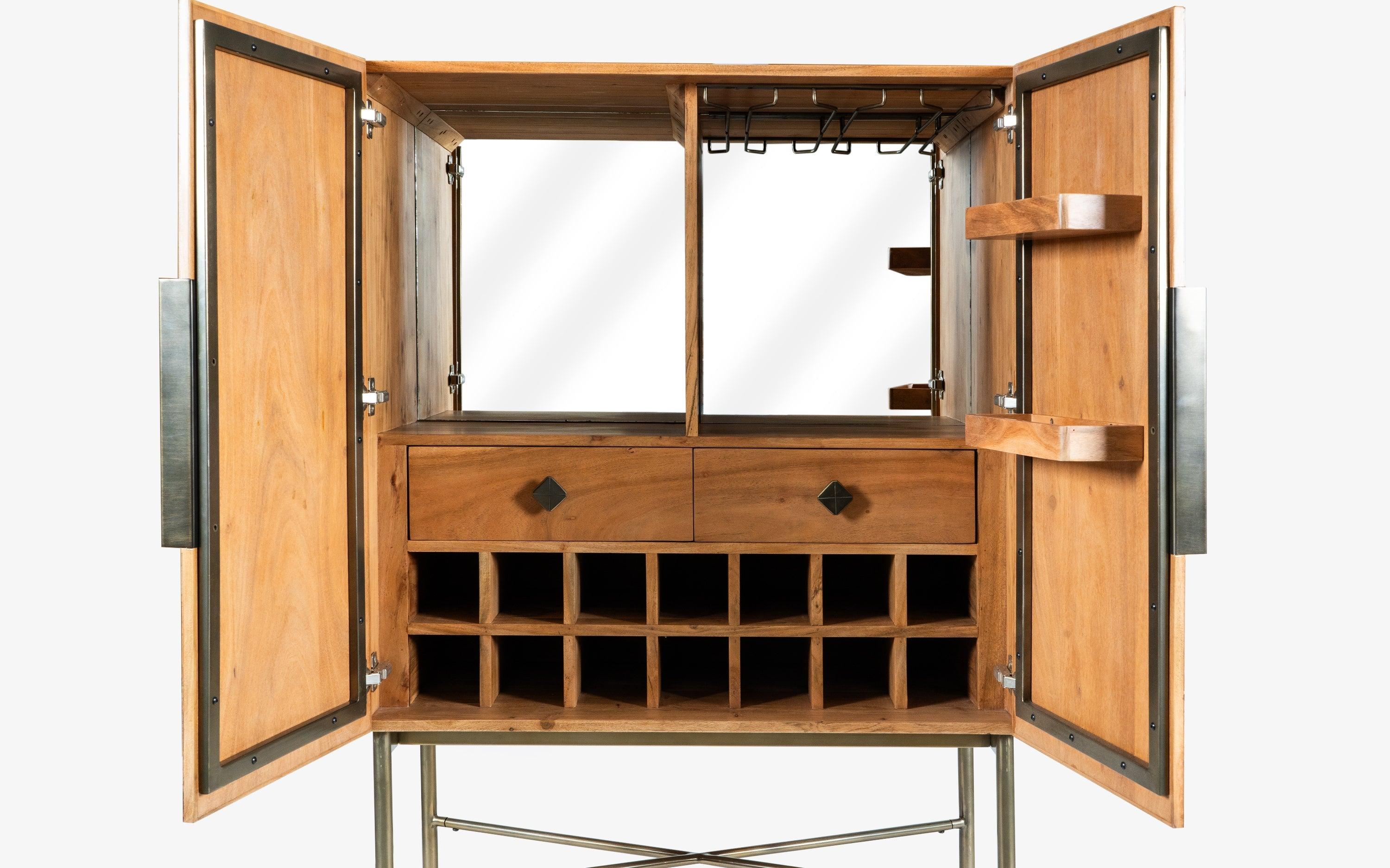 Arrow Bar Unit | Acacia Wood, Veneer, Stainless Steel, Mirror, and Oak Wood