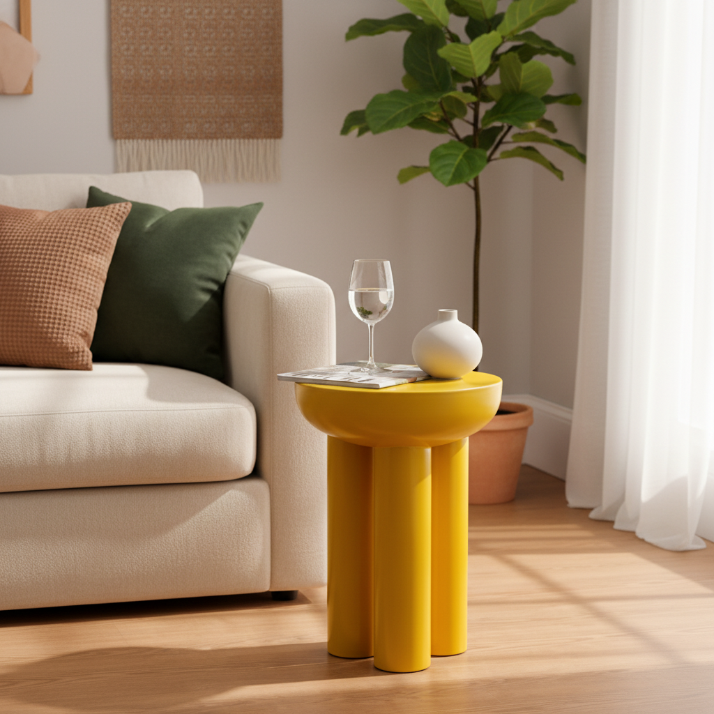 Auric Halo Sunburst Yellow Iron Pedestal Table – Modern Round Side Table