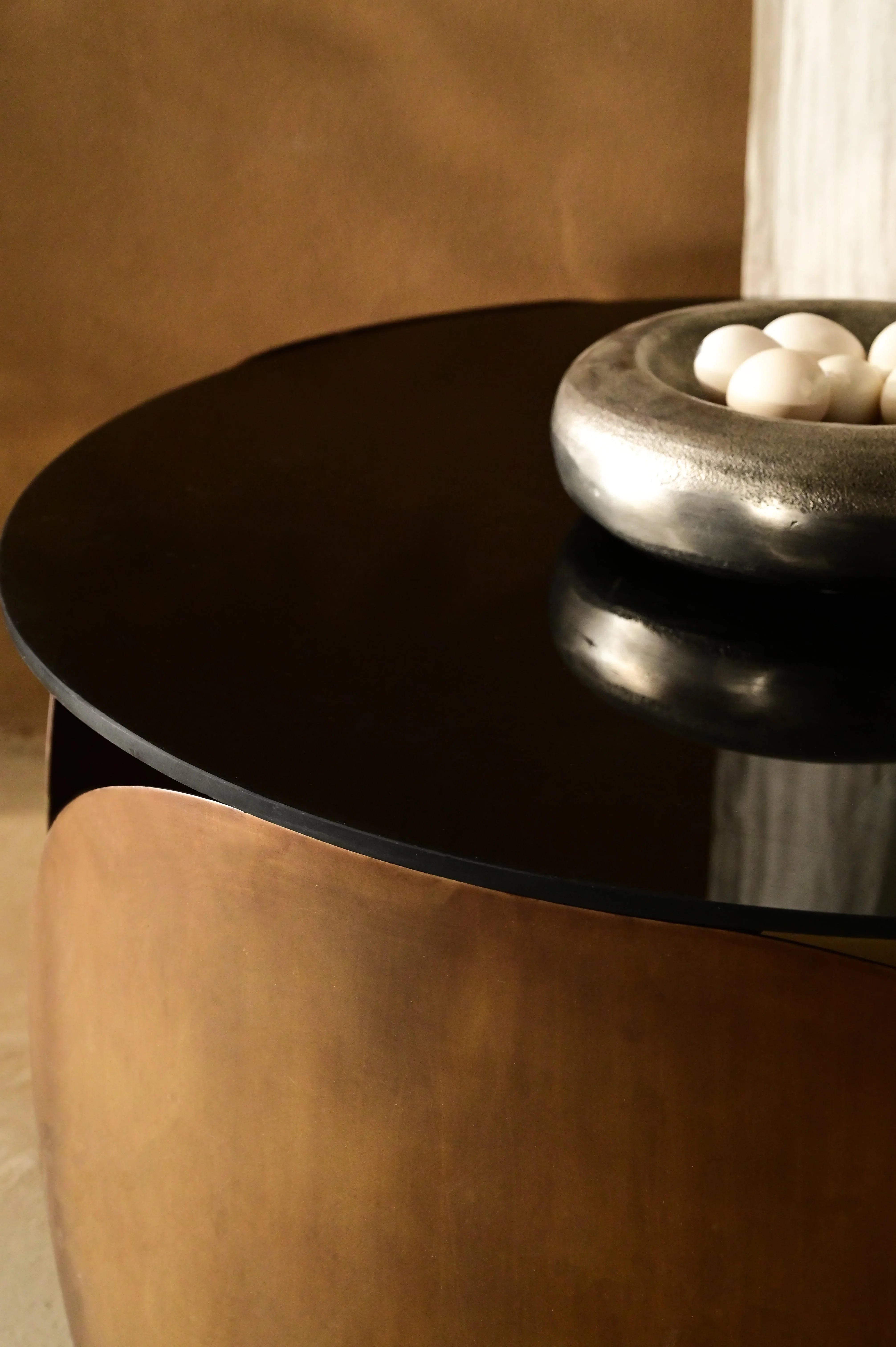 Eterna Round Coffee Table for Living Room | Glass Top in Antique Brass Finish Center Table