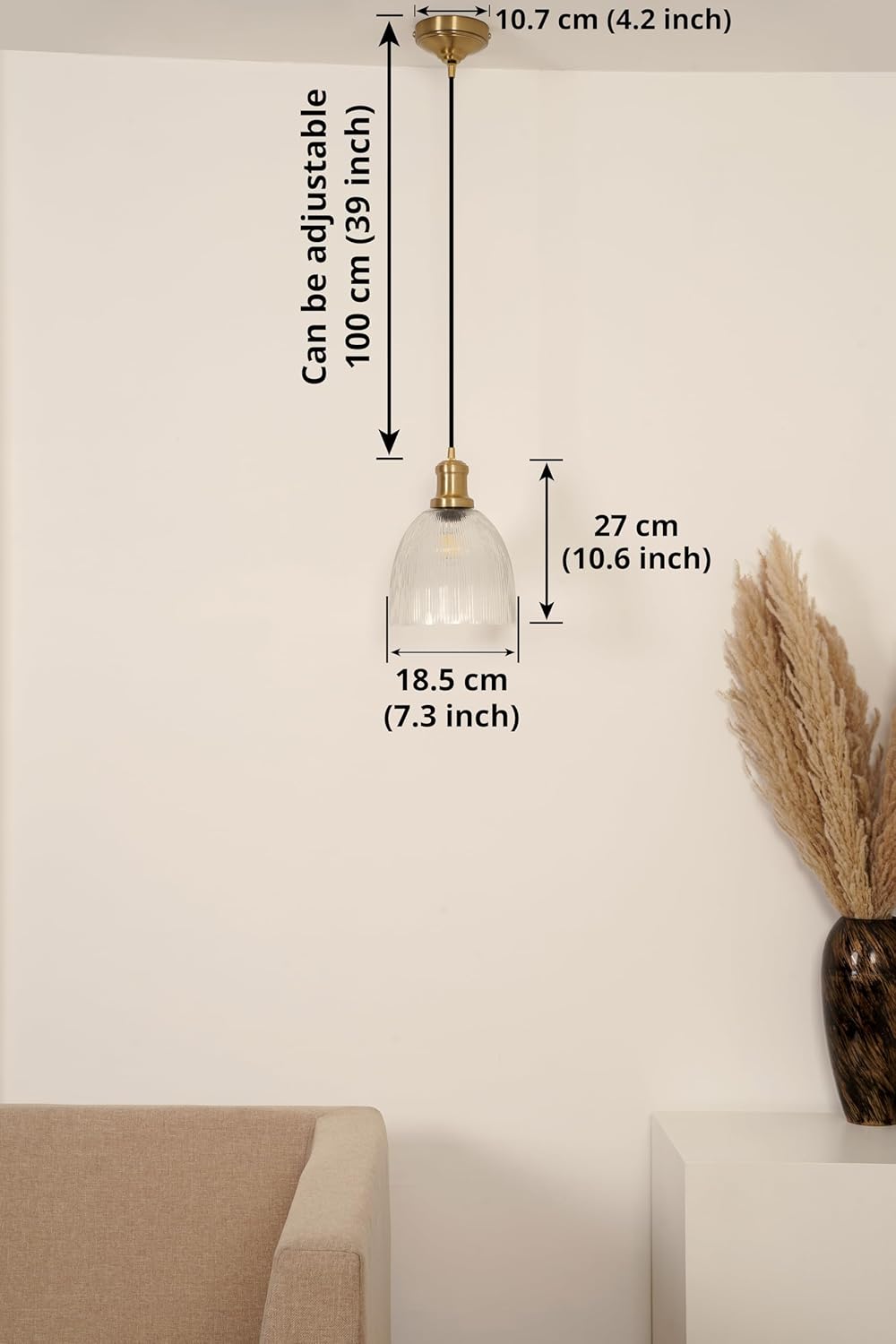 Grooved Transparent Glass Hanging Pendant Light with Antique Brass Finish for Living Room, Bedroom, Kitchen, Dining