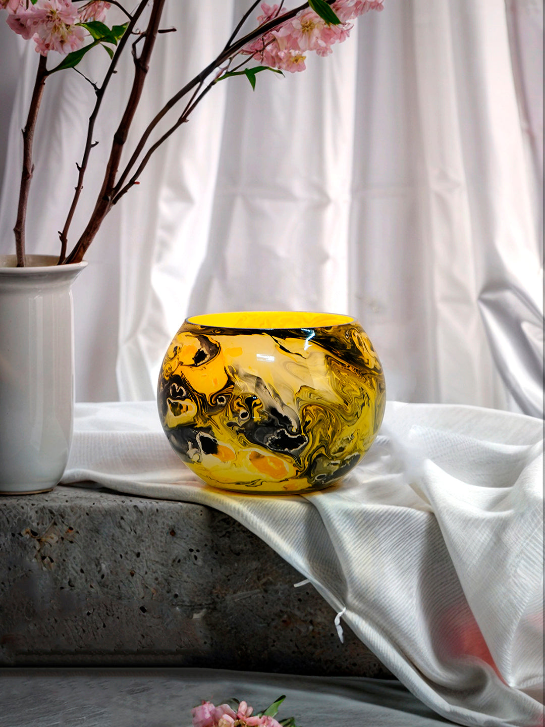 Midnight & Mustard: Round Glass Tea Light Holder with Bold Yellow & Black Marble