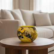Midnight & Mustard: Round Glass Tea Light Holder with Bold Yellow & Black Marble