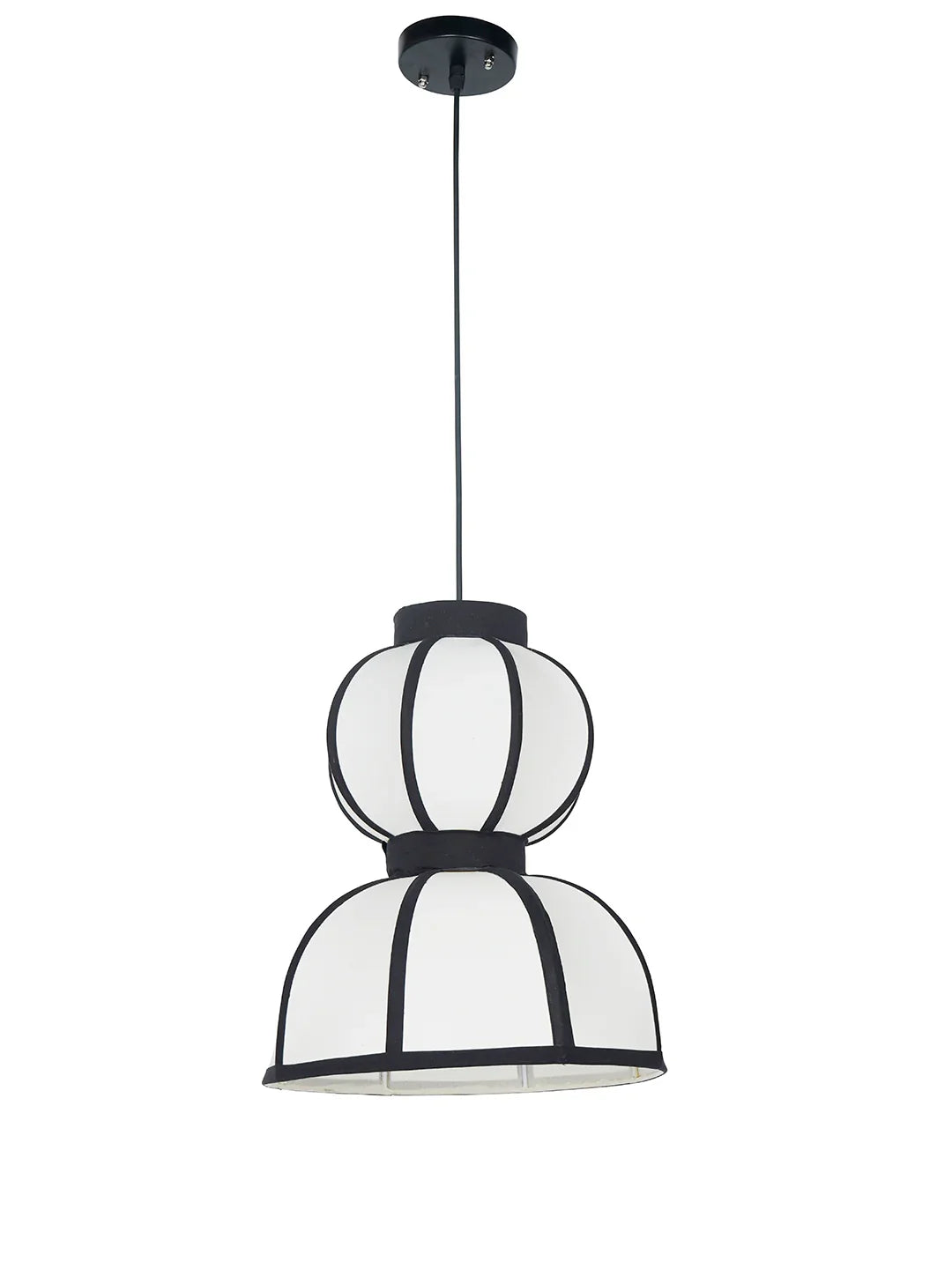 Japandi Double Bowl Fabric Pendant | Zen Asian Style White Lantern with Black Structural Ribbing | Double Bowl White Fabric Pendant Lamp
