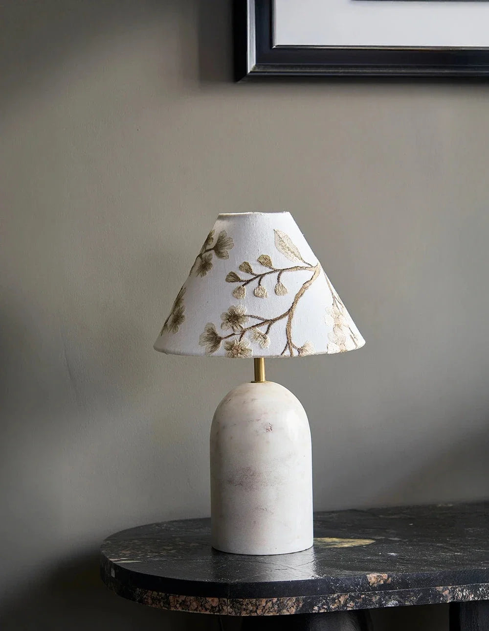 Luna - White Marble & embroidered lampshade | Table Lamp