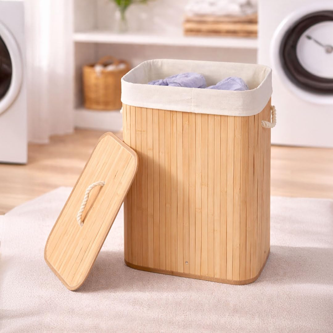 Bamboo laundry bag basket for clothes with lid toy storage organiser box foldable Round Home Organizer and Storage | Eco Friendly | Compact and Easy to carry