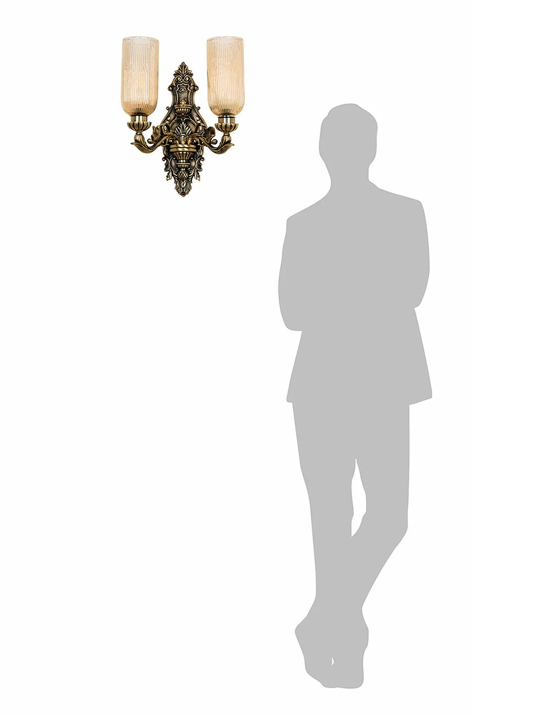 Antique Brass Cast Aluminium Ornate Wall Sconce with Golden Fluted Glass Shades