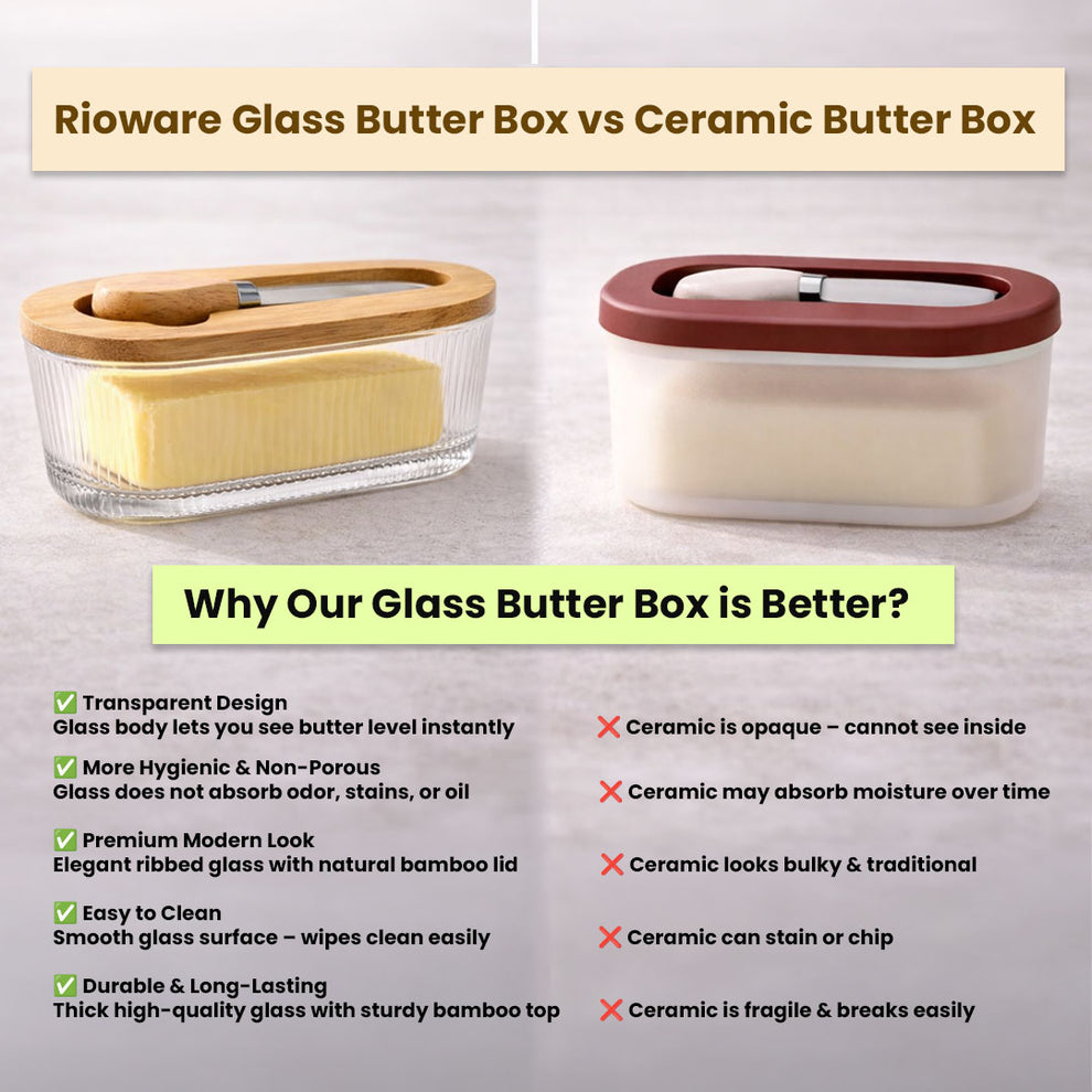 Premium Glass Butter Dish with Wooden Lid, Large Butters Container Keeper Storage with Stainless Steel Knife Spreader, Bamboo Cover and Silicone Sealing Ring for West East Coast