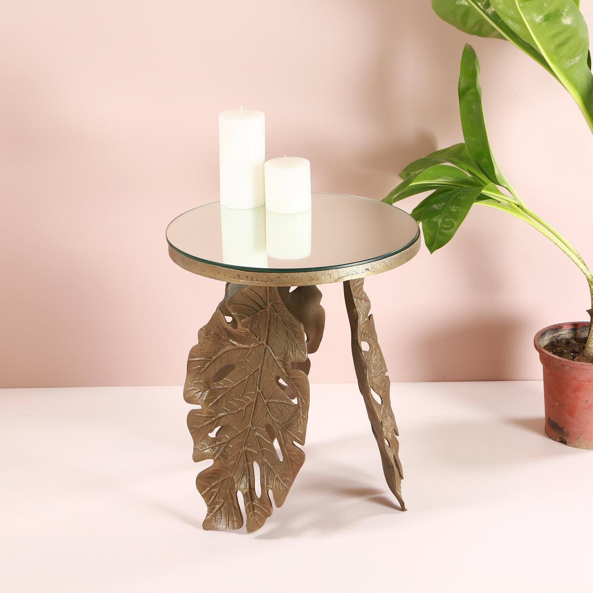 Leaf Antique Brass Aluminium Round Side Table for Living Room | Mirror Glass Top Decorative Corner Table
