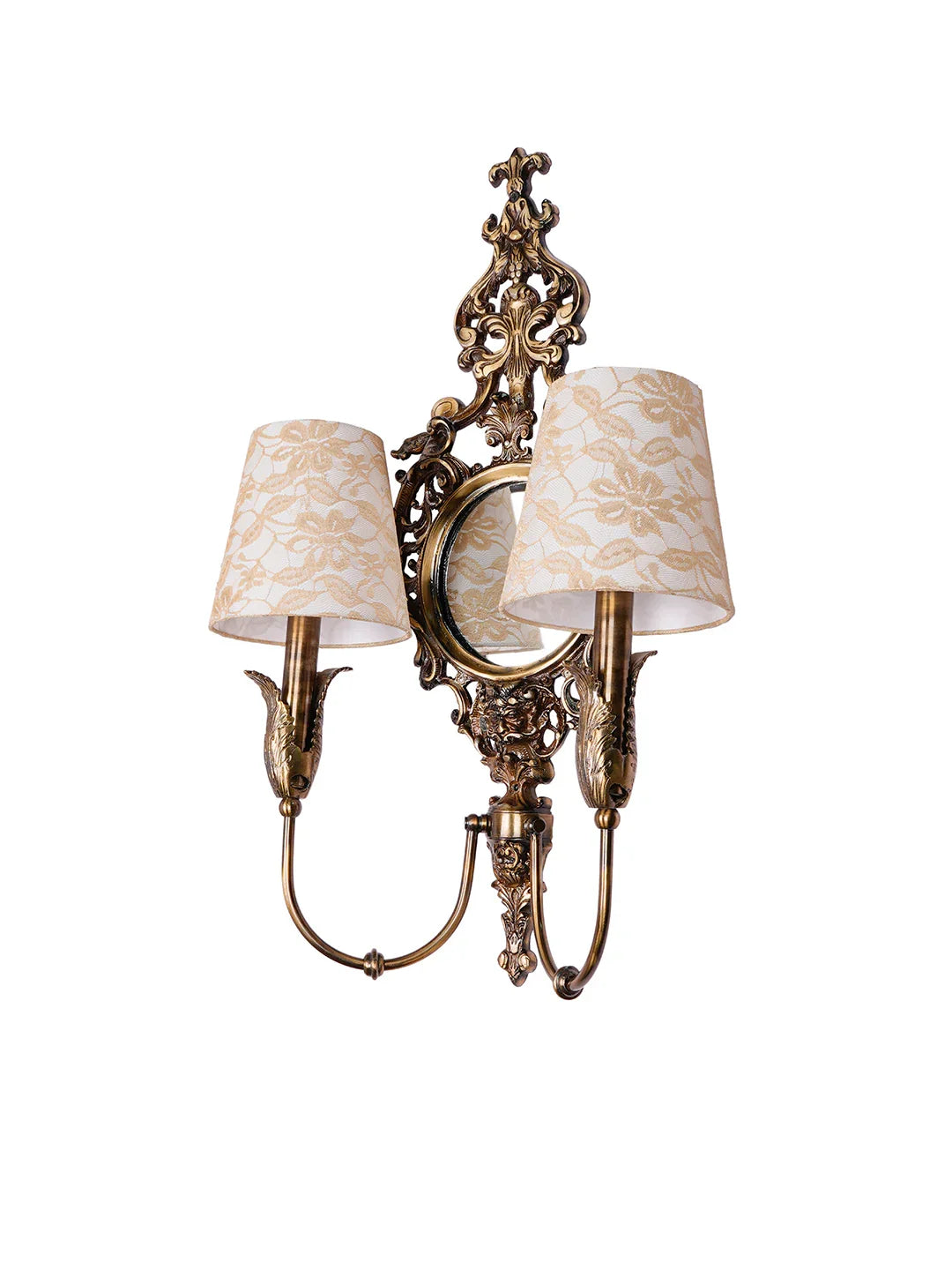 Opulent Antique Brass Wall Lamp with Mirror and Lace Shades