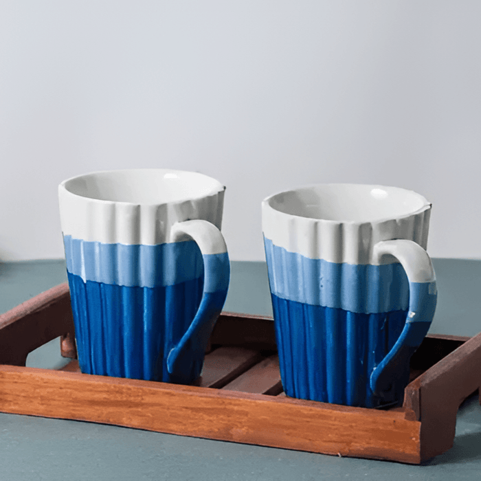 Blue and White Shade Ceramic Ribbed Mug