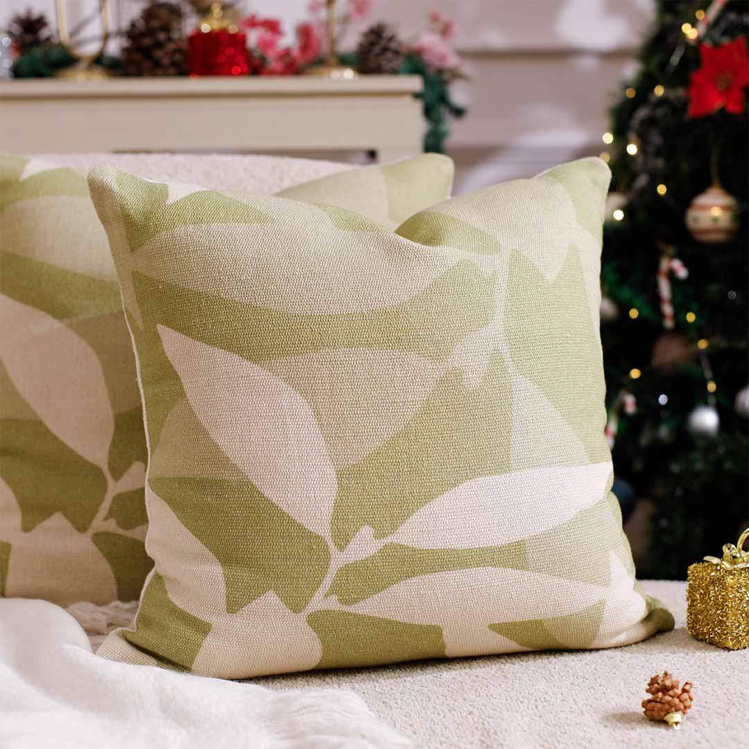 Canvas Printed Green Cushion Cover | Jute / Cotton