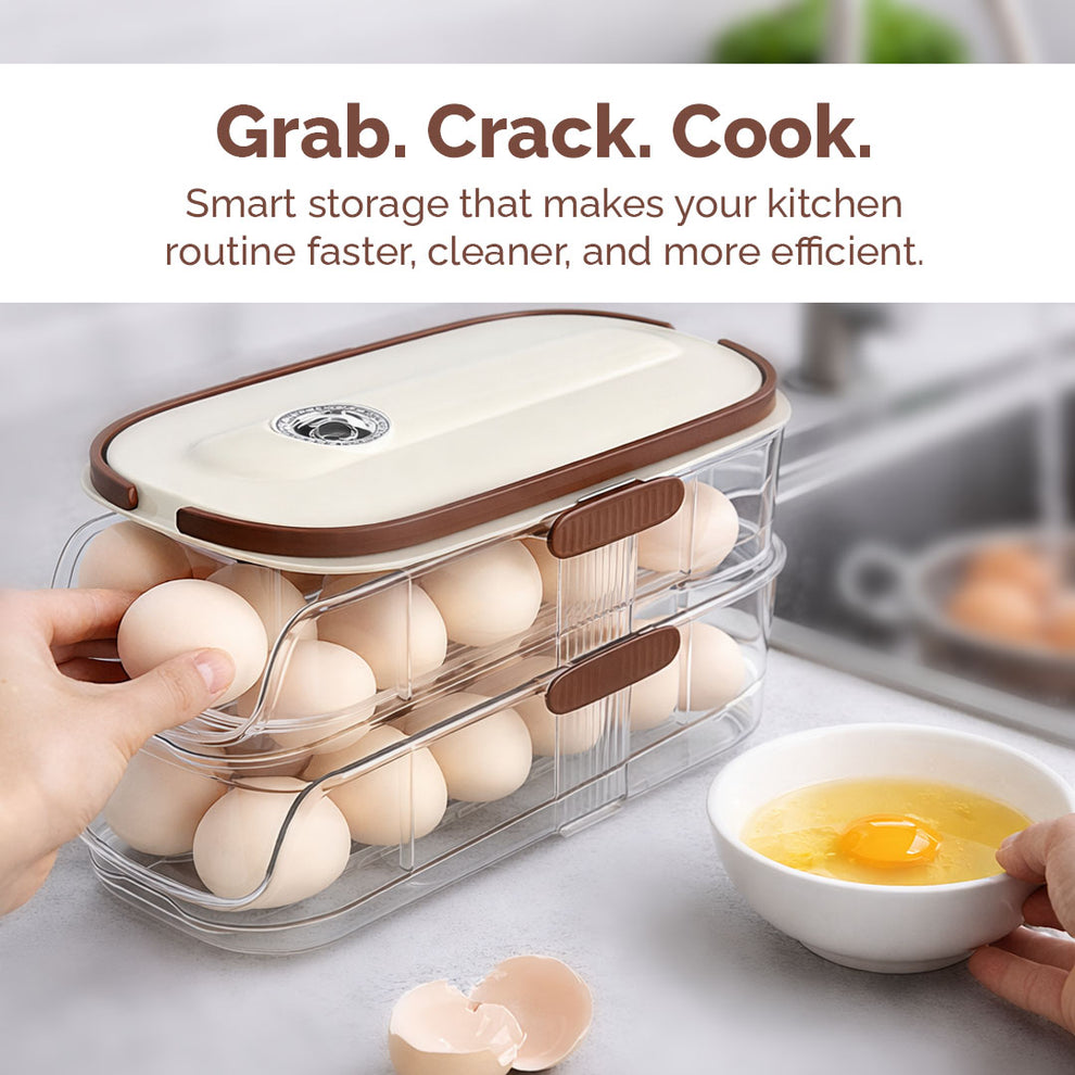 Egg Holder with Auto Rolling Design | Transparent Fridge Egg Dispenser Storage Organizer | Unbreakable, Space Saving Egg Container for Refrigerator Kitchen (2-Tier- Dubble Side)