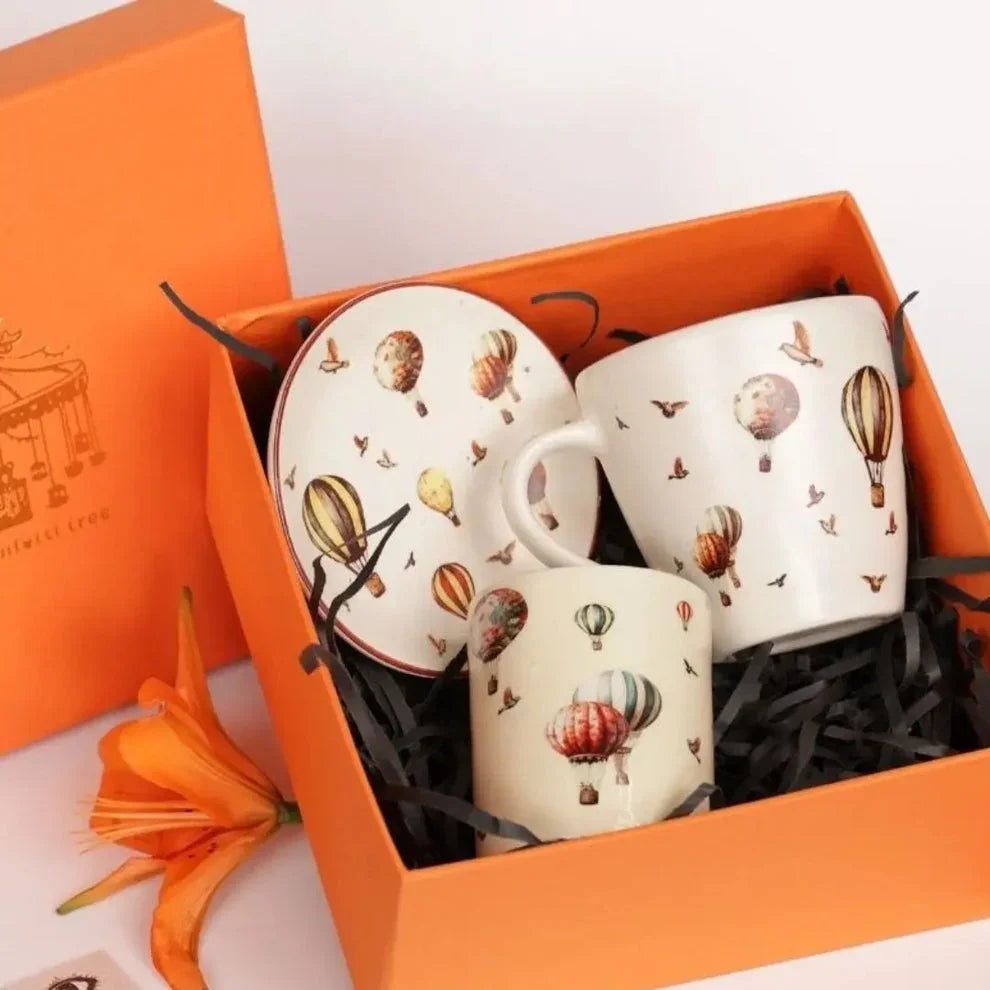 Hot Air Balloon Ceramic Mug & Plate Gift Set — Handcrafted Stoneware Cups in Luxury Gift Box