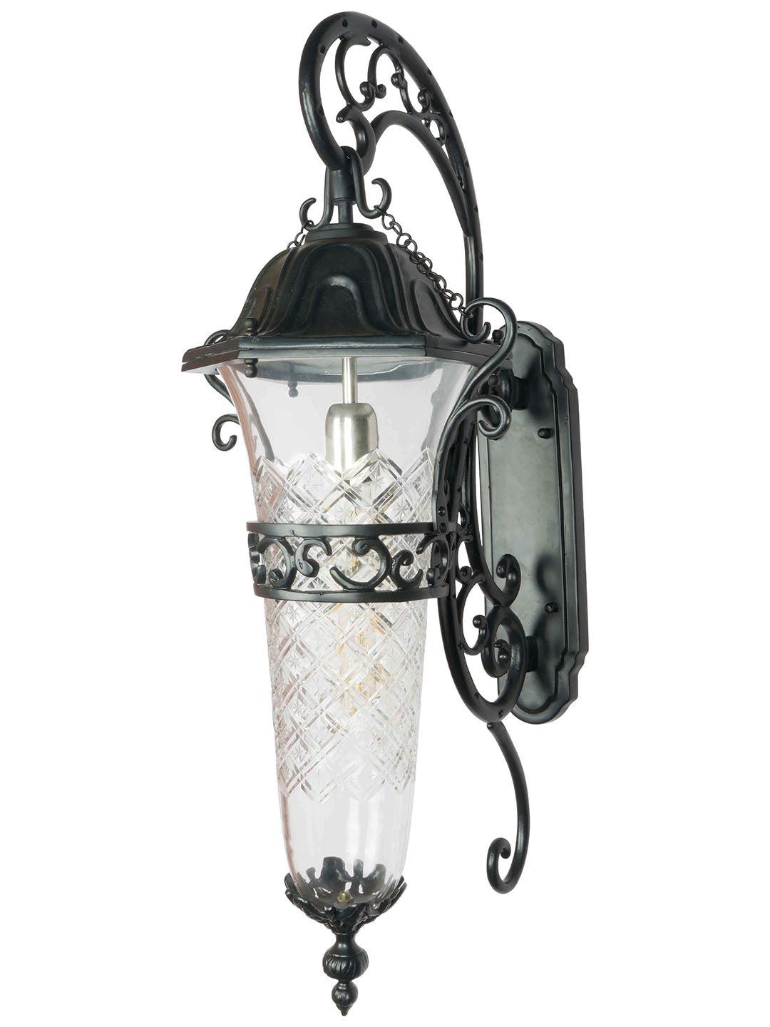 Large 32 Inch Traditional Victorian-Style Black Outdoor Aluminium & Cut-Glass Single Wall Lamp Light