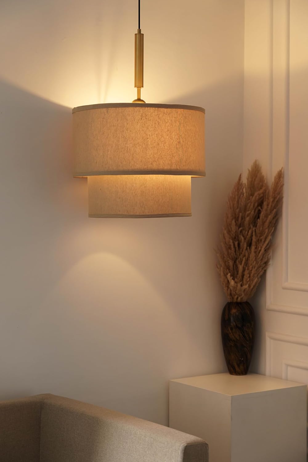 Double Beige Cotton Fabric Pendant Hanging Light Antique Brass Finish for Home Decoration, Restaurants, Cafes