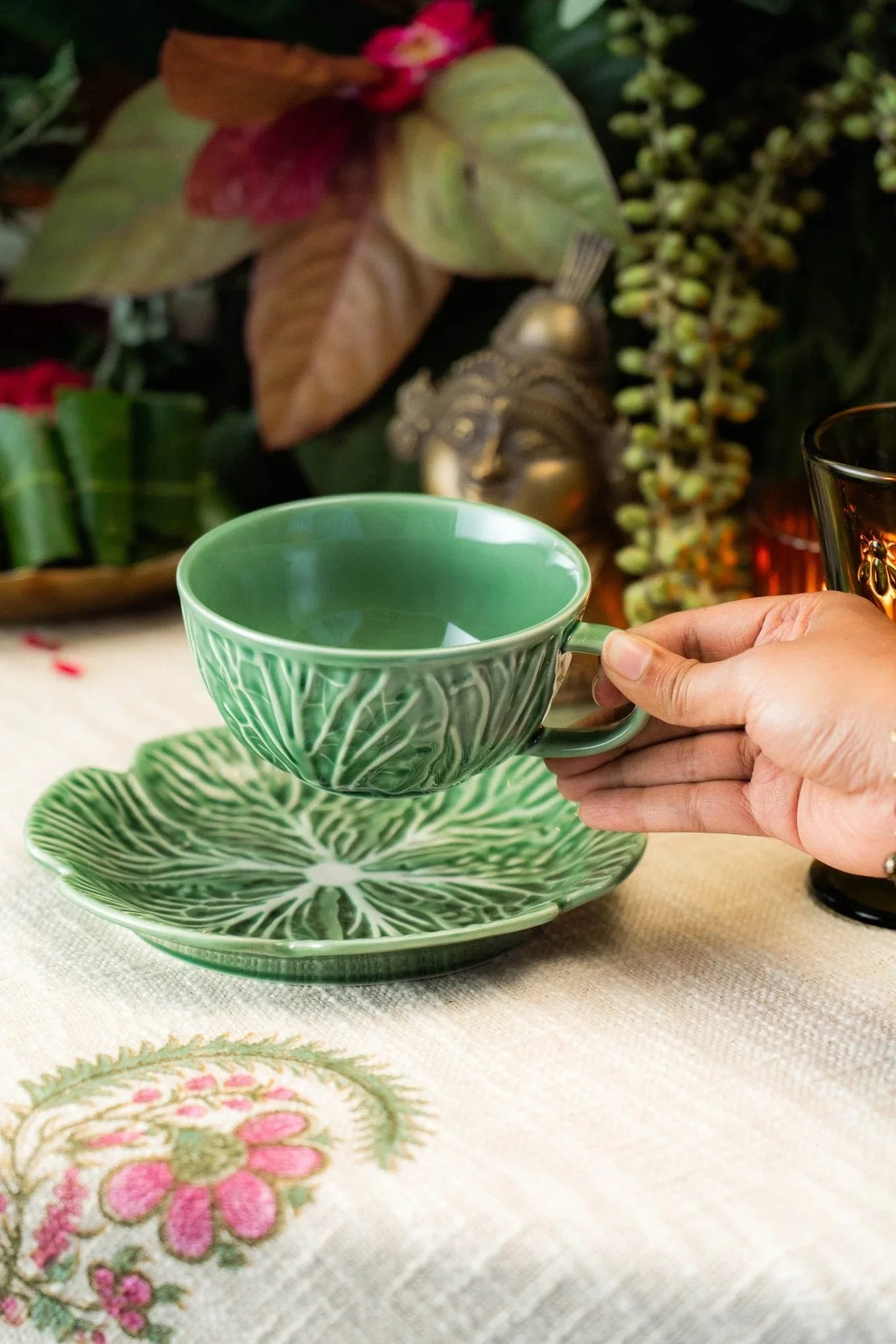 Parna Tea Cup & Saucer Set | Premium Green Stoneware Ceramic Tableware for Elegant Tea Rituals