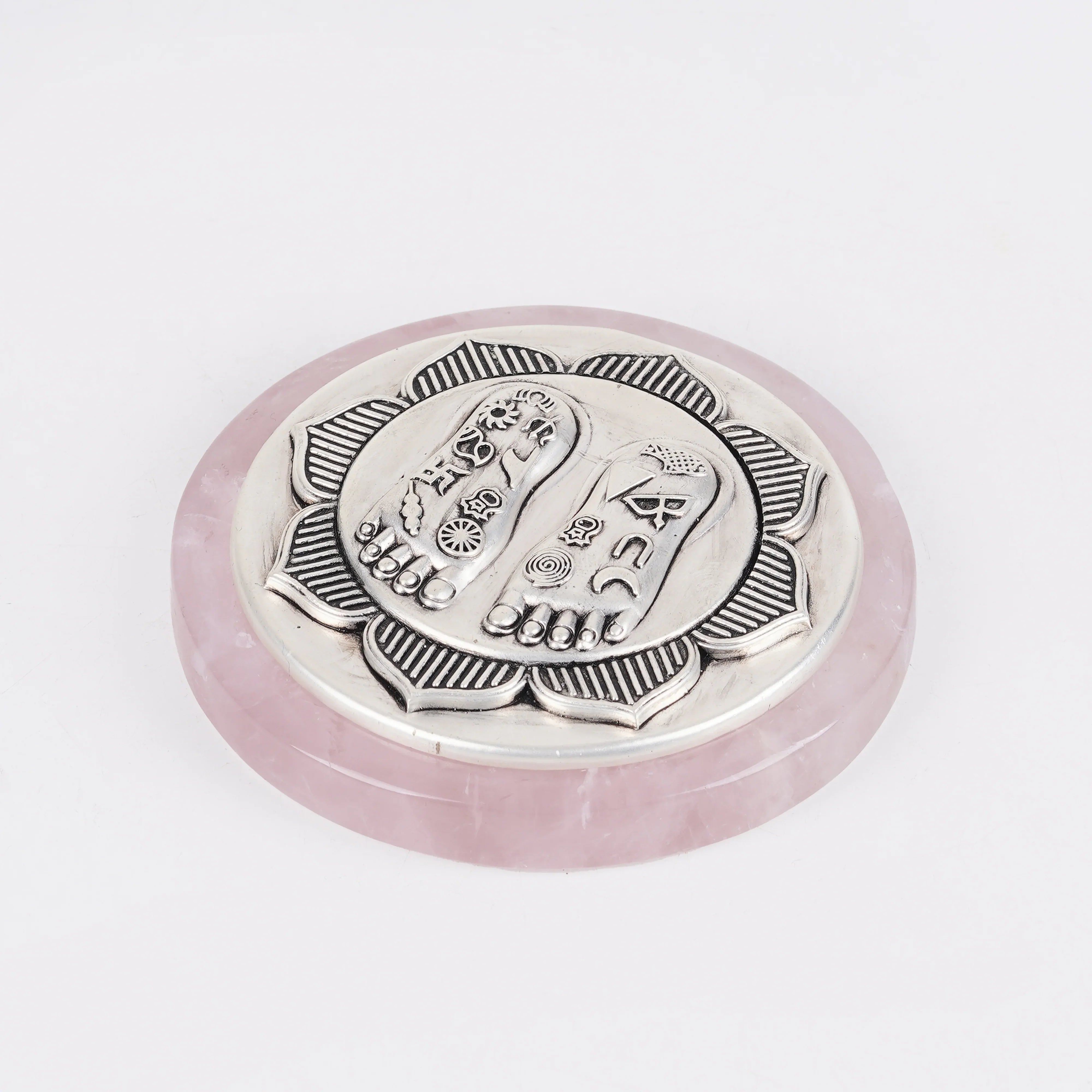 Silver Plated Brass Lakshmi Charan | Sacred Goddess Feet Plaque On Rose Quartz