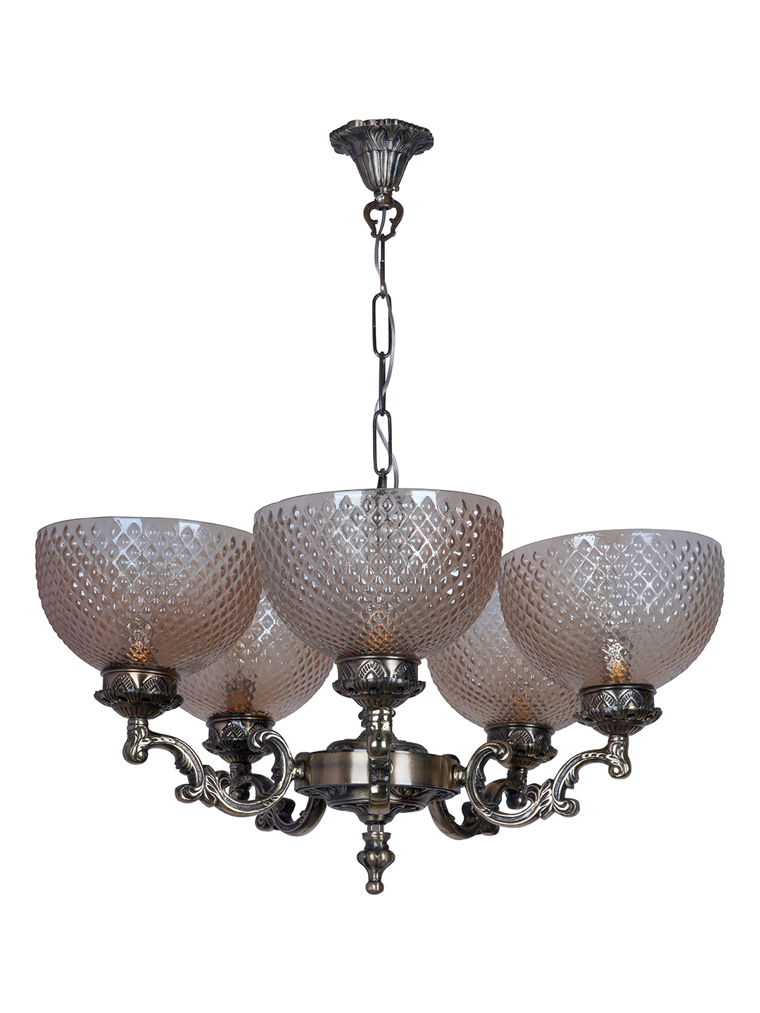 Traditional Ornate Aluminium 5-Lights Chandelier With Golden Textured Bowl Glass Shade