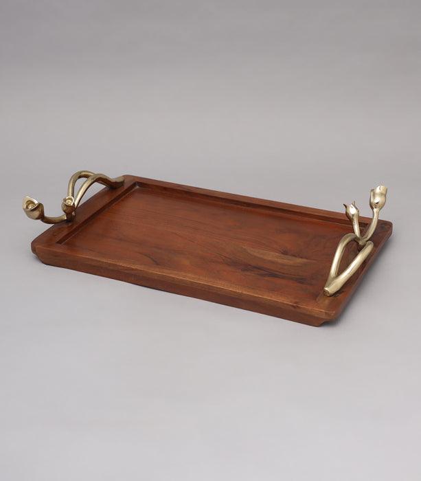 Tulip Tray | Gold Finished  with Walnut Finished Acacia Wood